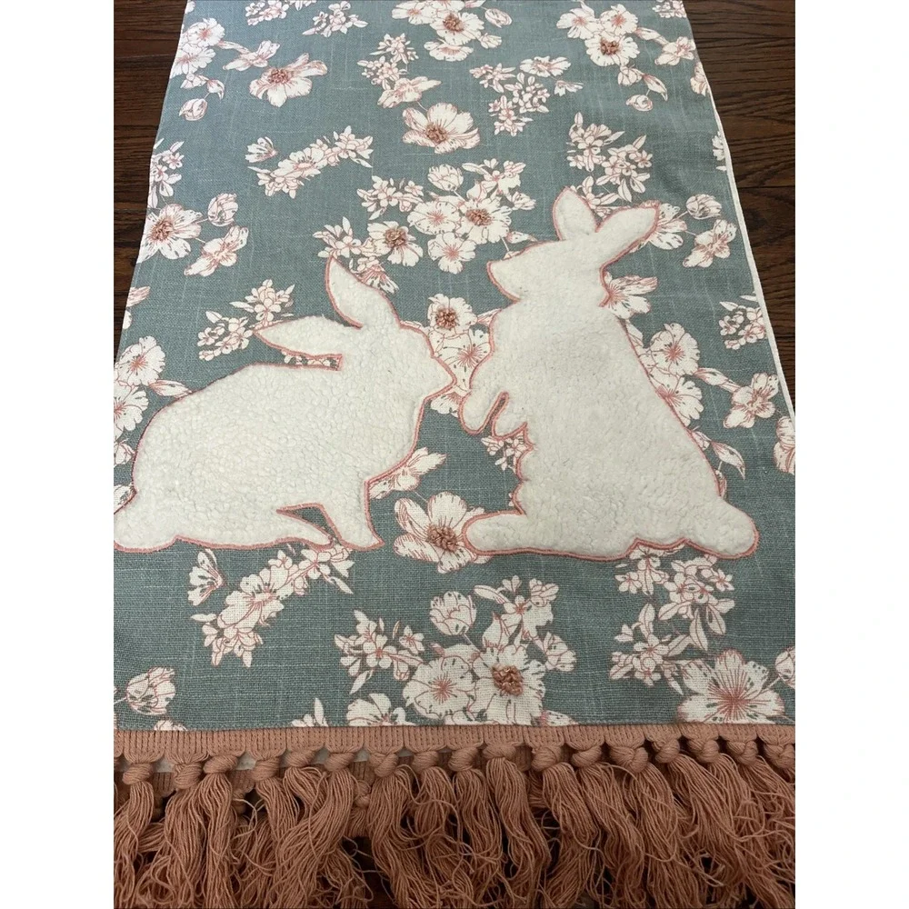 Tahari Home Table Runner Spring Bunny Teal Flowers‎ Fringe 16